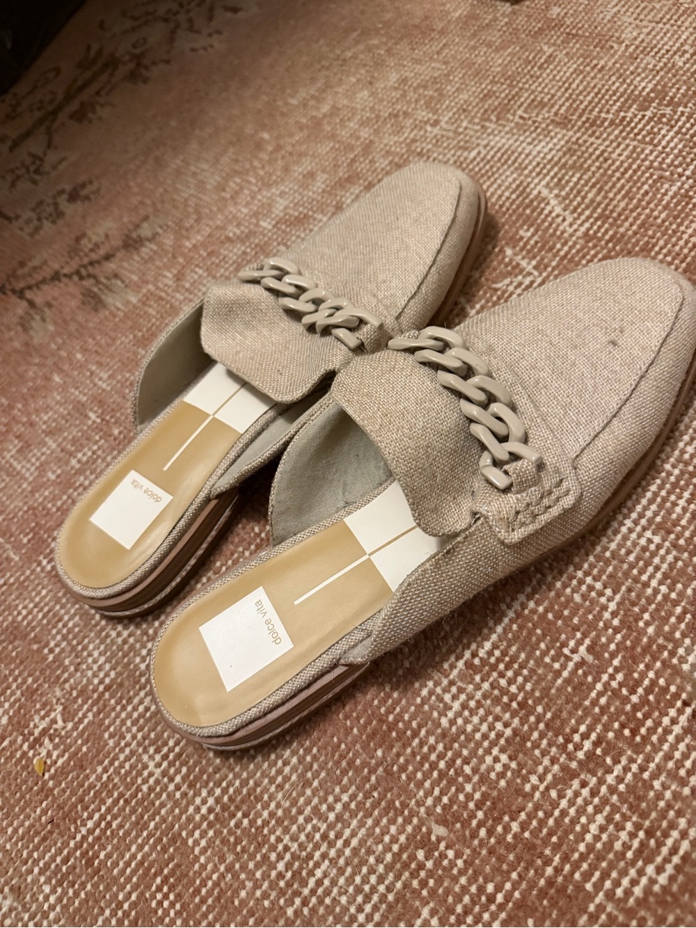Dolce Vita Neutral Beige Chain-Trim Slip-On Mules